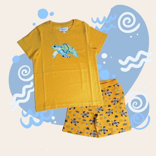 Yellow Turtle Printed T- Shirt with All over print Shorts.